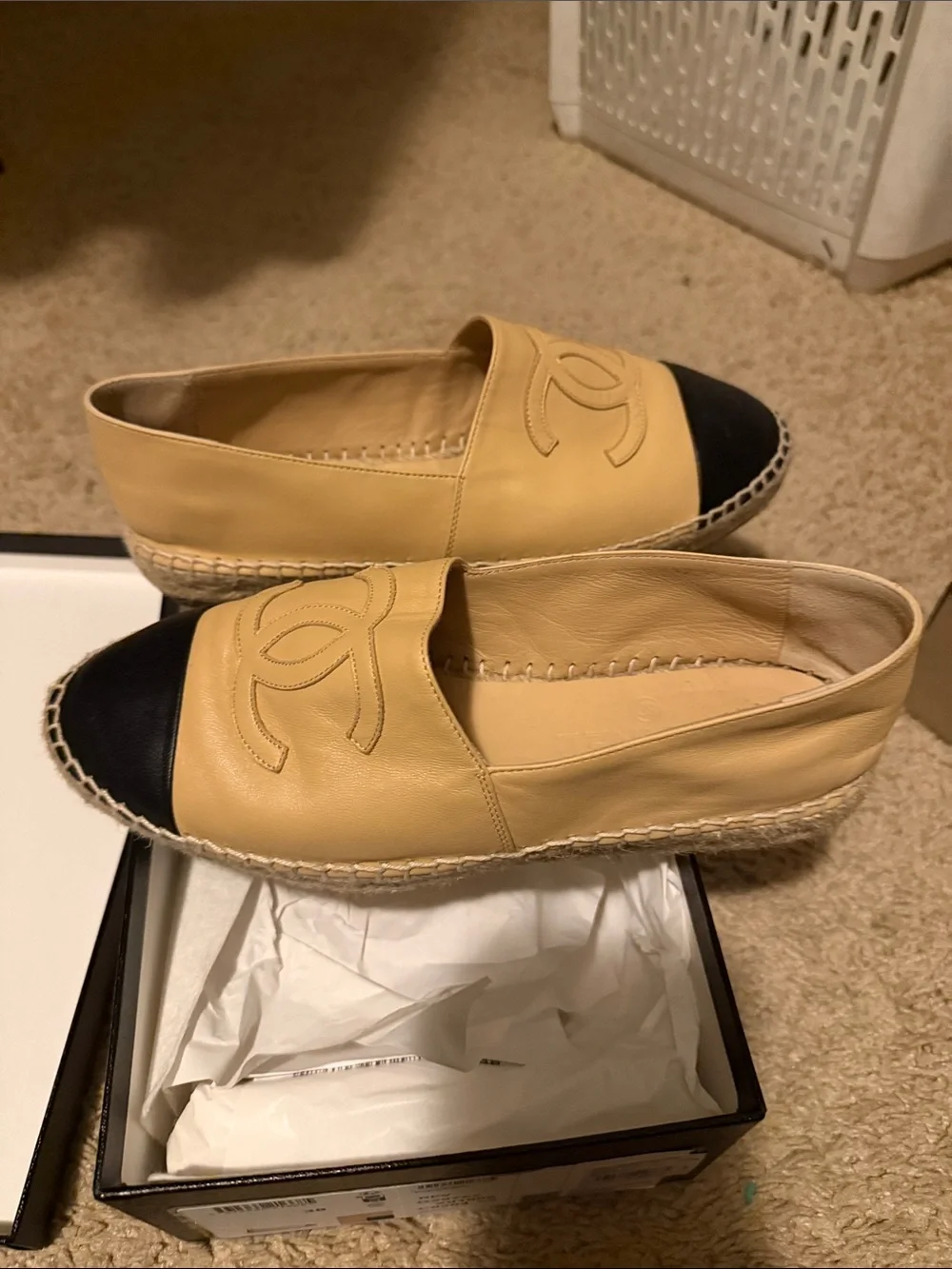 CHANEL Beige and Black Leather Espadrille Flats with Interlocking CC